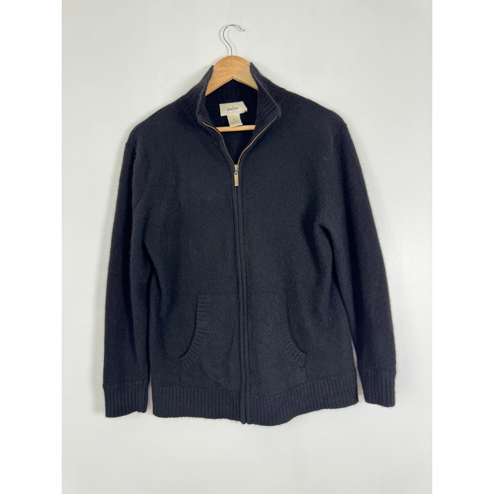 Luxury Neiman Marcus Womens L Full Zip Cardigan Black 100% Cashmere Mock Neck